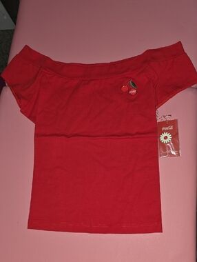 Loungefly Stitch Shoppe  Coca Cola Red Off-Shoulder Top with Cherry Patch